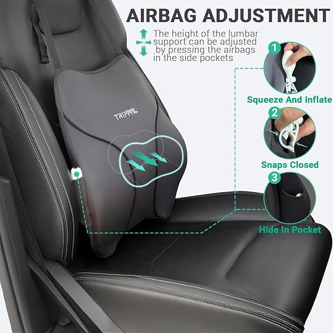 GOLDORANGE Adjustable Lumbar Support Pillow for Car with Air Pump, Ergonomic Memory Foam Back Cushion with Straps for Back Pain Relief and Posture Improved Lumbar Cushion for Vehicles Office Chair