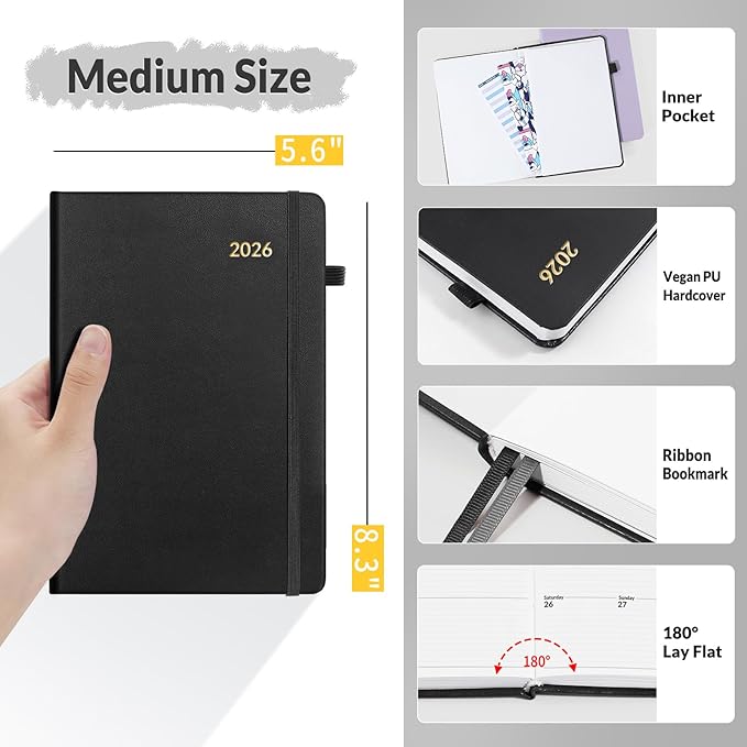 SUNEE 2026 Weekly & Monthly Hardcover Planner 5.5" x 8.3" - 12 Month (January 2026 - December 2026), Small Hardcover Planner, Pocket, Notes, 100 GSM Paper, Black