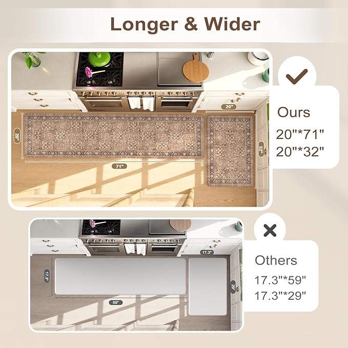 KIMODE Kitchen Mats Cushioned Anti Fatigue, Summer Boho Distressed Kitchen Rugs Sets of 2, Padded Kitchen Floor Mats, Non Slip Standing Mats for Sink Laundry Office Desk Brown 20"x71"+20"x32"