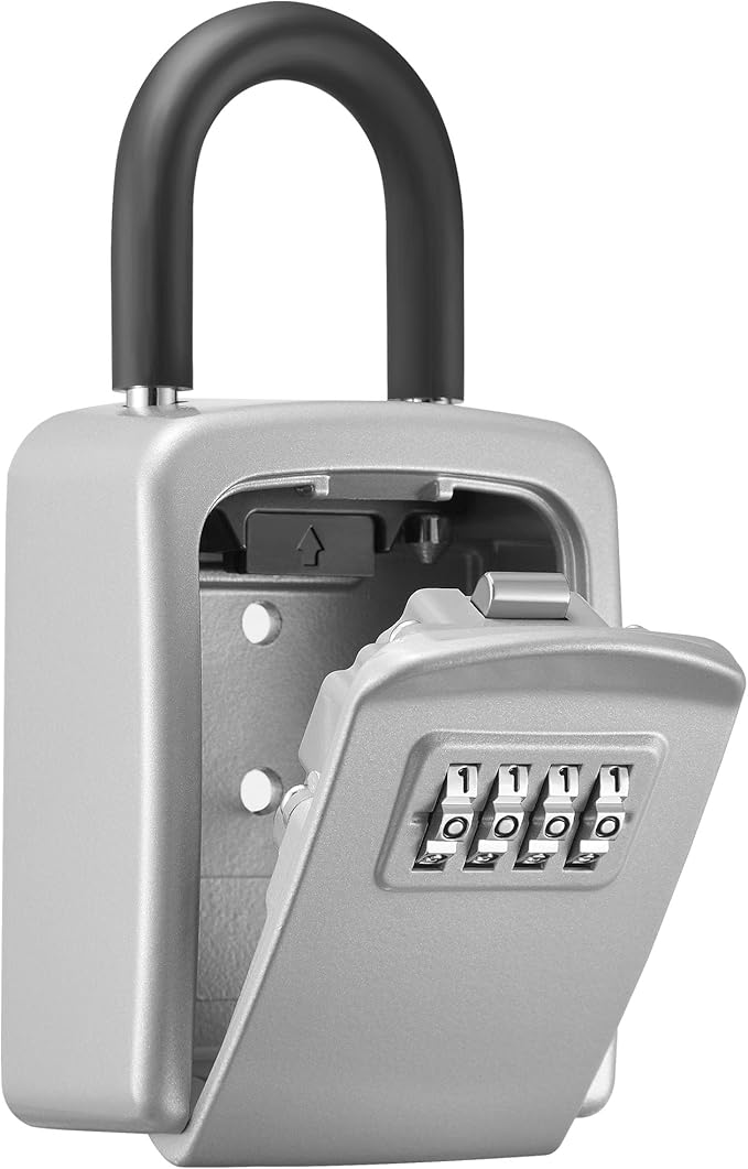 Puroma Key Lock Box, 4-Digit Combination Key Storage Lockbox, Portable Wall Mounted Security Lockbox with Code for Home, Flats, Realtors Garage Spare Keys (1 Pack, Silver)