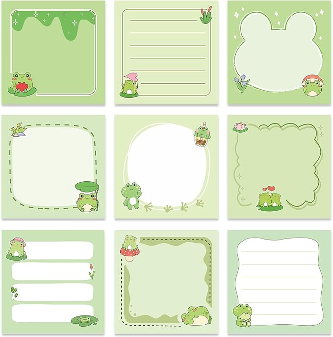 Frog Sticky Notes Gifts - 9 Pack Cute Frog Sticky Notes 3x3 Inch Cartoon Funny Self-Stick Notepads Novelty Animals Post Pads Gifts for Women Men School Office Supplies 450 Sheets