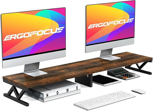 Dual Monitor Stand Riser, Large Wood Monitor Riser for 2 Monitors, Monitor Lift with Storage for Desk, Sturdy Wood&Steel Multi Screen Stand, Desktop Organizer Monitor Stand for Computer