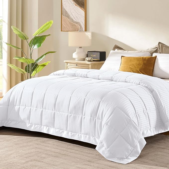 downluxe Queen Size Blanket with Satin Trim, Lightweight Down Alternative Blankets Queen Size for All Season, Machine Washable (White, 90x90 Inch)