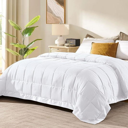 downluxe Queen Size Blanket with Satin Trim, Lightweight Down Alternative Blankets Queen Size for All Season, Machine Washable (White, 90x90 Inch)