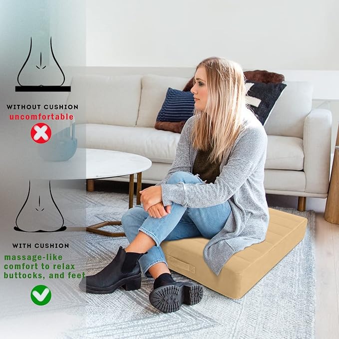 MeMoreCool Square Floor Pillow Seating for Adults Kids, Large Meditation Cushion Floor Pillow with Thick Foam & Soft Tufted Cover, Washable Big Pillow Seat Floor Cushion for Sitting Yoga 22" Khaki