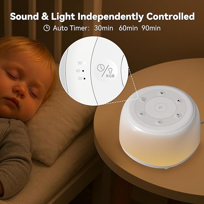 White Noise Sound Machine with 7 Colors Night Light 34 Soothing Sounds, Portable Sound Machine for Baby Adults Kids Sleep with 30 Volume Levels 4 Timers Adjustable Brightness (White)