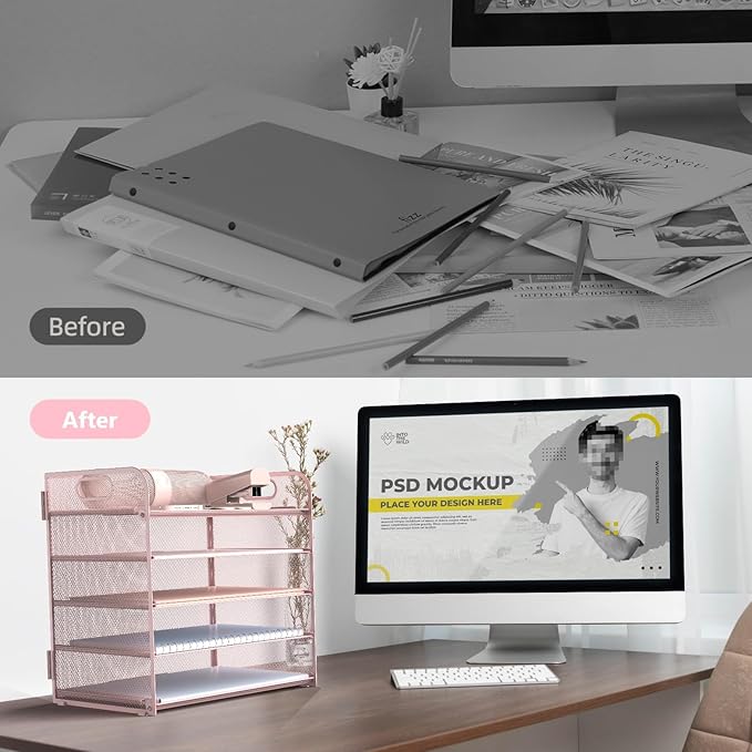 Sinboun Letter Tray Paper Organizer 5-Tier Desk Organizer File Organizer Paper Holder with Handle, Metal Desktop Document Shelf Tray Office Classroom Organization - Pink, PK5CENGTISHOU