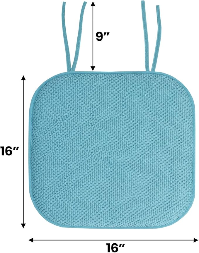 Sweet Home Collection Chair Cushion Memory Foam Pads with Ties Honeycomb Pattern Slip Non Skid Rubber Back Rounded Square 16" x 16" Seat Cover, 2 Pack, Teal