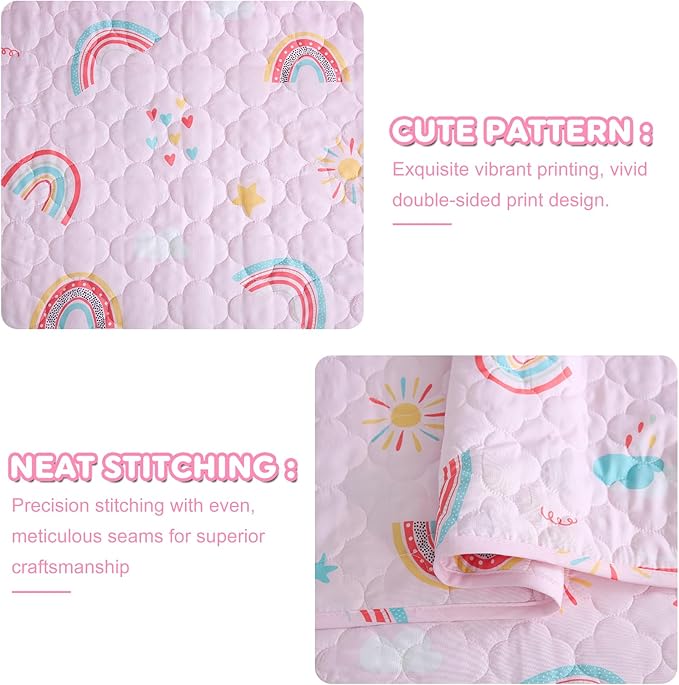 Pink Girls Rainbow Quilt Set Twin Size Kids Bedding Sets Lightweight Summer Bedspread Soft Microfiber Breathable Bed Comforter All-Season