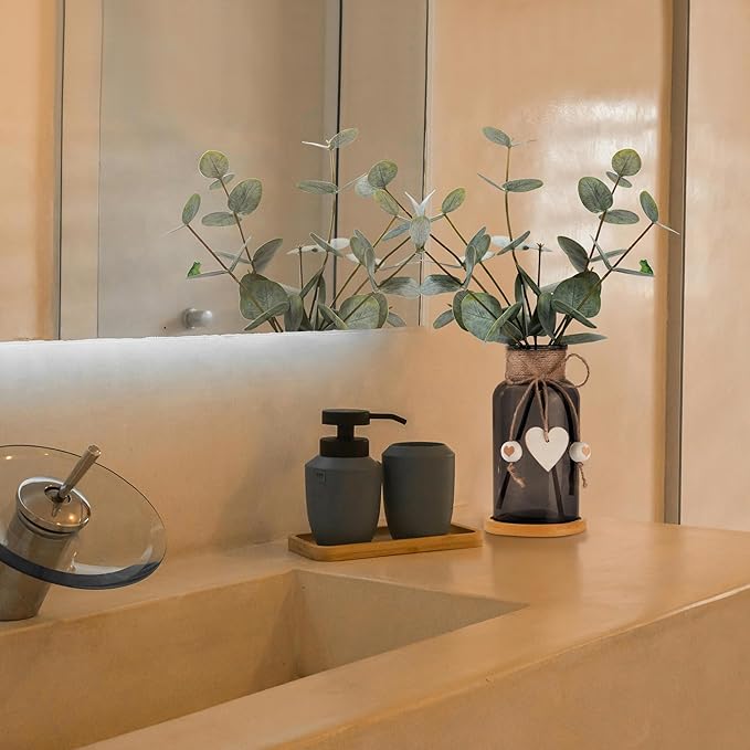 Artificial Eucalyptus Greenery Stems in Glass Vase,15" Doule Side 3D Fake Plants Eucalyptus Leaves faux Greenery for Centerpiece Table Decorations Home Room Decor office Desk Green Decor (Black)