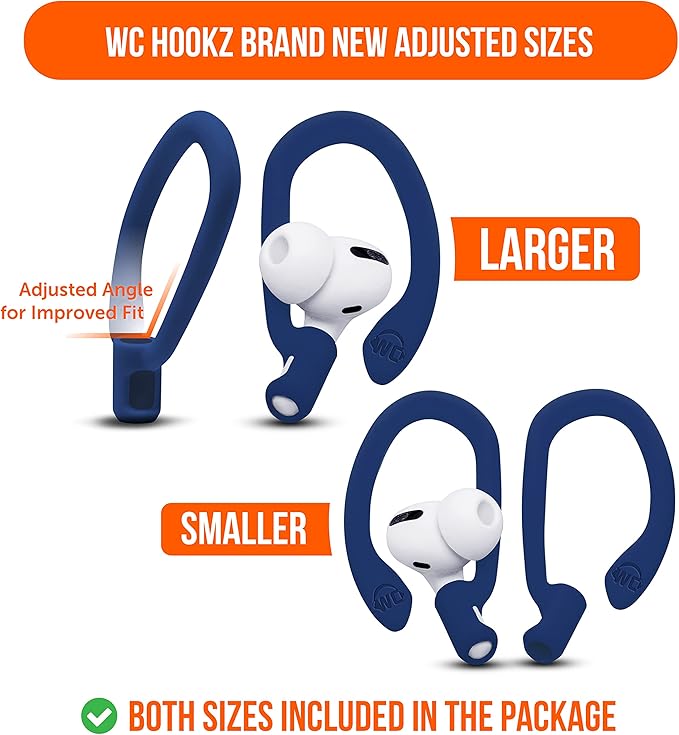 WC HookZ - Patented Upgraded Over Ear Hooks for AirPods Pro 1, 2 & AirPods 1, 2 & 3- Two Size Pairs Included in Package, Unique Left & Right Hook, Made by Wicked Cushions | Navy Blue
