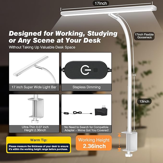 LED Desk Lamp for Office Home, Eye-Caring Desk Light with Stepless Dimming Adjustable Flexible Gooseneck, 10W USB Adapter Desk Lamp with Clamp for Reading, Study, Workbench
