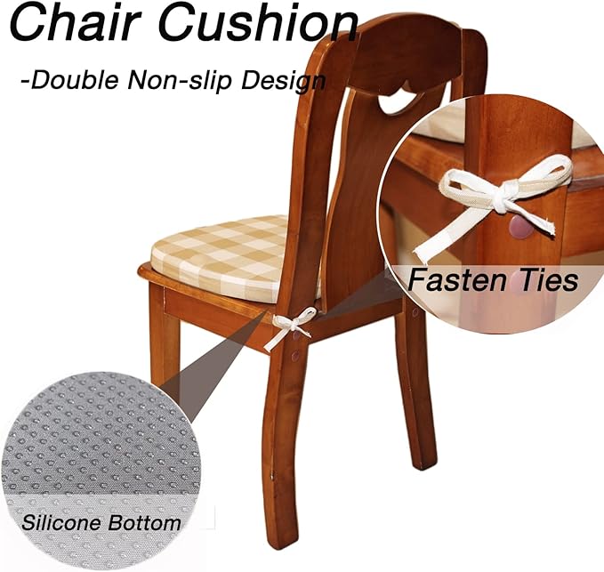 Chair Cushion with Ties for Dining Chairs - Memory Foam Non Slip Kitchen Chair Pad and Seat Cushion with Machine Washable Cover [16.5 x 16.2 Inches] - (Brown White,1)