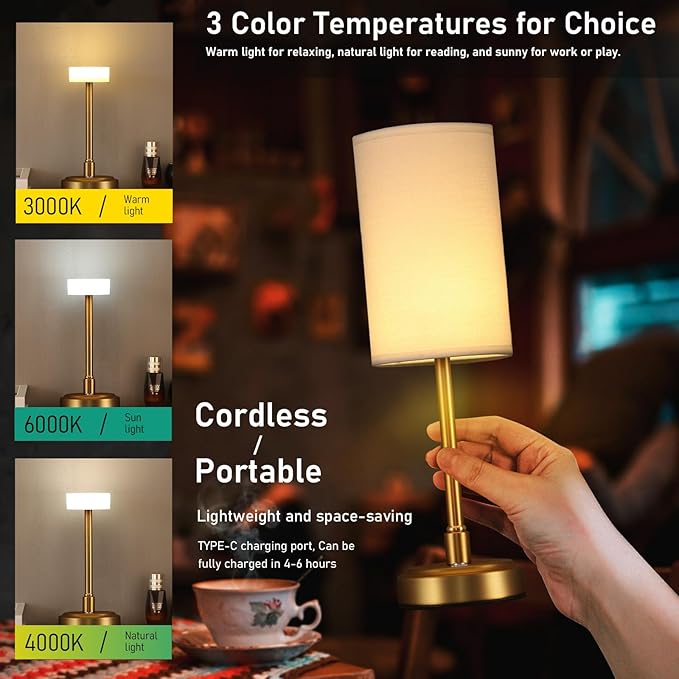 Set of 2 Small Touch Nightstand Lamp Rechargeable Battery Operated Cordless LED Table Lamp, Portable 3 Colors Stepless Dimmable Fabric Desk Light for Restaurant/Bedroom/Outdoor (White+Brass)