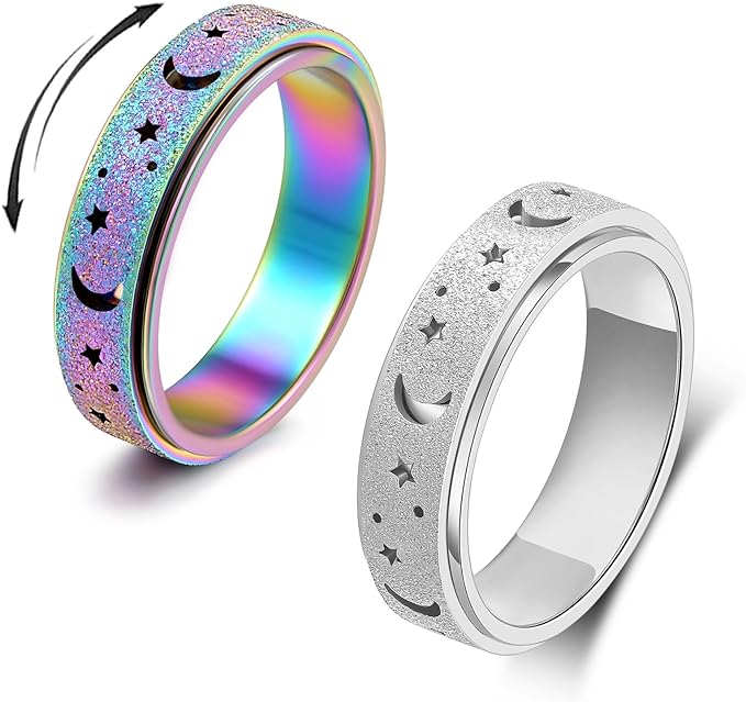 OreilleStar Anxiety Spinner Ring for Women - Fidget Toy for Adults - Stainless Steel Silver Rainbow Size 7 Moon Star Band