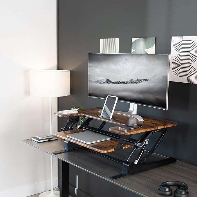 VIVO 36 inch Height Adjustable Stand Up Desk Converter, V Series, Quick Sit to Stand Tabletop Dual Monitor Riser Workstation, Rustic Vintage Brown Top, Black Frame, DESK-V000VN