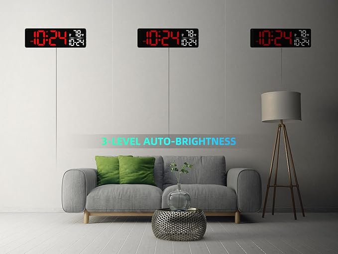 Large LED Digital Wall Clock with Date, Temperature, Auto-Brightness, Auto-DST | Big Digital Clock for Bedroom, Desk, Classroom, Living Room, Kitchen, Office, Gym, Farmhouse, Xmas Gift for Seniors