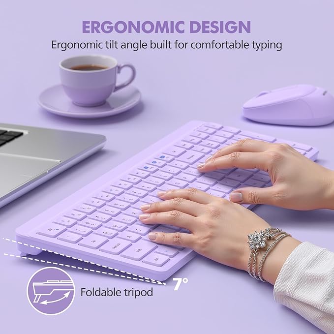 Purple Wireless Keyboard and Mouse Combo for Desktop Mac iPad Bluetooth 2.4 Ghz Rechargeable Slim Silent Click with Number Pad Compatible with Pc, Laptop, Tablet (Purple)