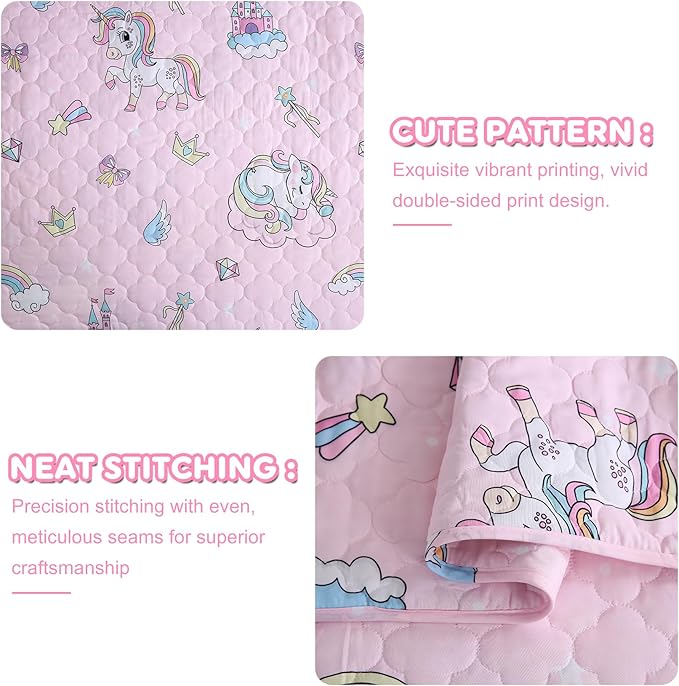 Pink Unicorn Girls Quilt Set Queen Size Kids Bedding Sets Lightweight Summer Bedspread Soft Microfiber Breathable Bed Comforter All-Season