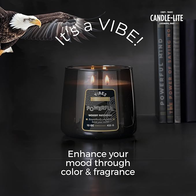 Candle-Lite Vibes Woody Patchouli Mood-Enhancing Scented Candles, 15 oz Jar, Aromatherapy, Proudly Poured in The USA, 2-Wick, 86 Hours Burn Time, Perfect Relaxation Gift