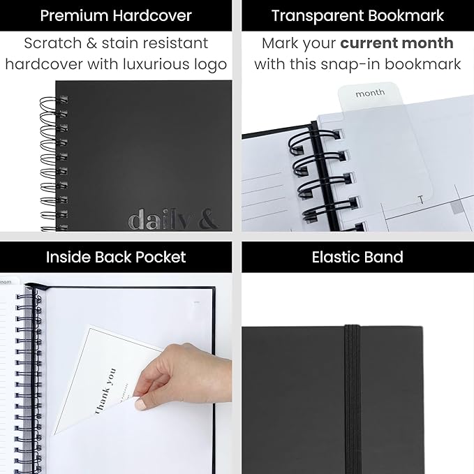 Large Daily Planner with Hourly Schedule, 8.5" x 11" Undated 6-Month Planner, Full Page a Day, 2025-2026 Calendar, To Do List, Time Blocking, Black Aesthetic Hardcover Spiral Notebook for Work Tasks