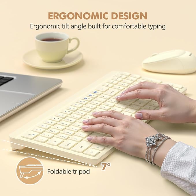 Wireless Keyboard and Mouse Combo for Desktop Mac iPad Bluetooth 2.4 Ghz Rechargeable Ultra Silent Click with Number Pad Compatible with Pc, Laptop, Tablet (Cream)