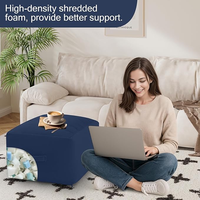 MeMoreCool Square Stuffed Pouf Ottoman Foot Rest, Floor Pouf Foot Stool with Foam Chunk Filling, Soft Stuffed Ottoman Footrest for Living Room, Navy