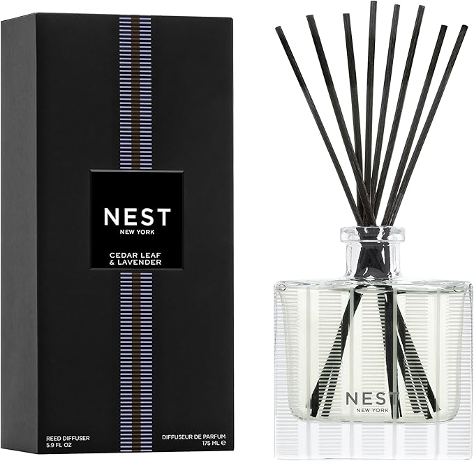 NEST New York Reed Diffuser, Cedar Leaf & Lavender - 5.9 fl oz - Fragrance for Up to 90 Days - Reusable, Refillable Glass Holder - Includes 8 All-Natural Reed Sticks - Flame Free