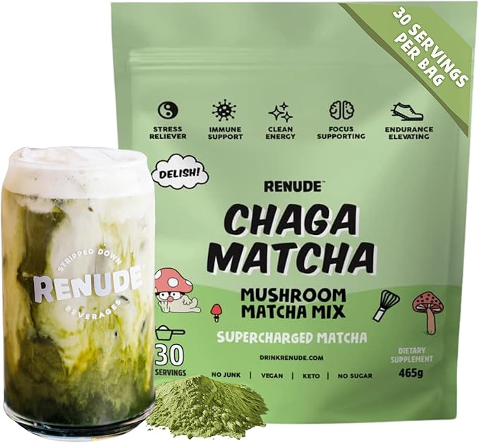 Renude Chaga Matcha - Chaga Mushroom Powder, Superfood Drink Mix with Adaptogens, Ceremonial Grade Mushroom Matcha, Keto, Vegan, Sugar Free, Natural Energy and Immune Support - 30 Servings