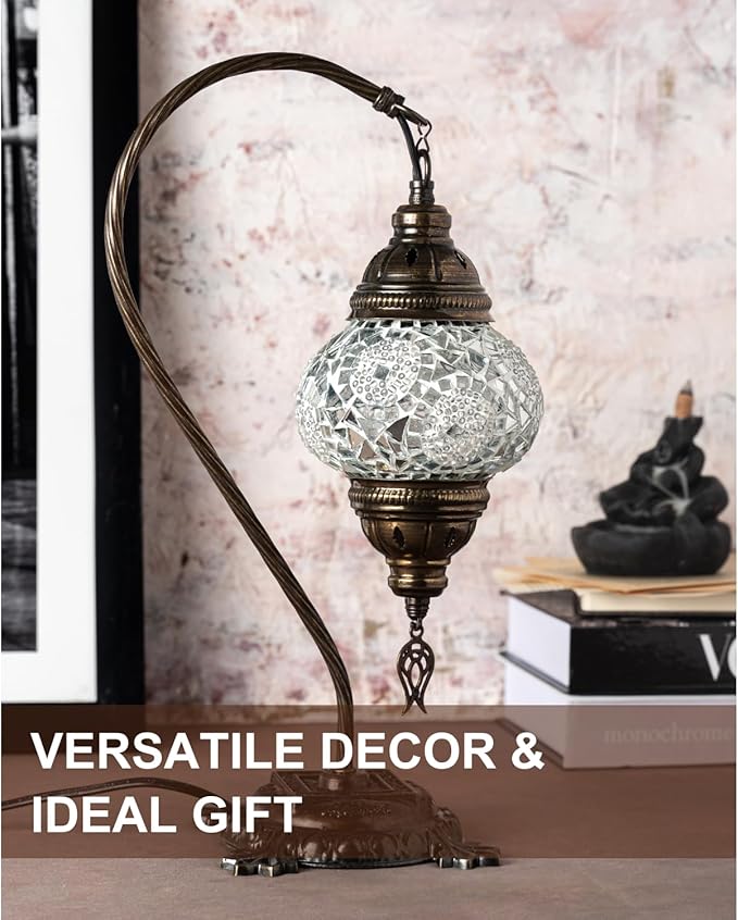 Kafthan Turkish Moroccan Mosaic Lamp – Handmade Glass Swan Neck Bedside Lamp with Antique Brass Base, Ideal Decor for Bedroom, Office, Living Room – Bulb Included (White Triple Circles)