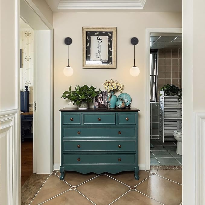 BOKT Lighting Black 1-Light Frosted White Glass Wall Sconce Mid Century Modern Globe Ball Bathroom Wall Light Rustic Industrial Bedroom Bedside Wall Reading Lamp (Black+White)