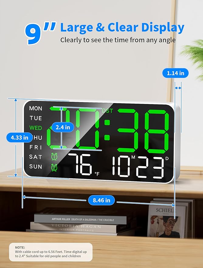 MASHI 8.4''Large Digital Wall Clock, Led Alarm Clock with Big Digits, Date, Temperature, DST, Modern Decor Design for Desk,5-Level Brightness for Room, Bedroom, Gift, Yougster and Elderly