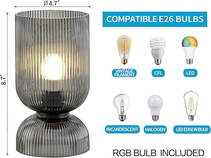 Modern RGB Glass Table Lamp with Remote，Color Changing Bedside Lamp with Ribbed Glass Shade, 16 Colors, On/Off Cord Switch, Nightstand Lamp for Bedroom, Living Room, Office, Bulb Included