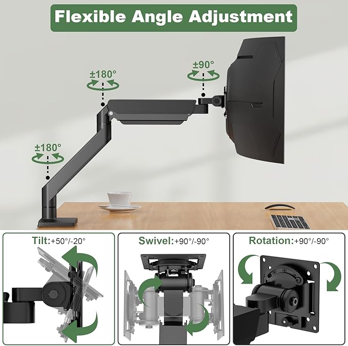 Heavy Duty Monitor Arm for 17-57 inch Screens up to 55lbs, Premium Aluminum Ultrawide Monitor Mount for Samsung 49” Odyssey G9 and LG, VESA 100x100mm, Black
