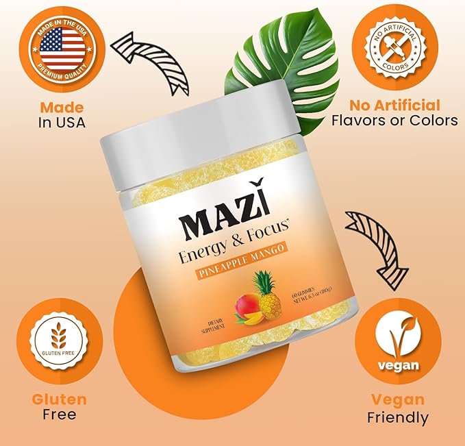 Energy & Focus Gummies | 100mg Natural Caffeine + L-Theanine + Vitamin B6 & B12 + CoQ10 | Nootropic Cognitive Brain Performance Supplement | No Crash or Jitters