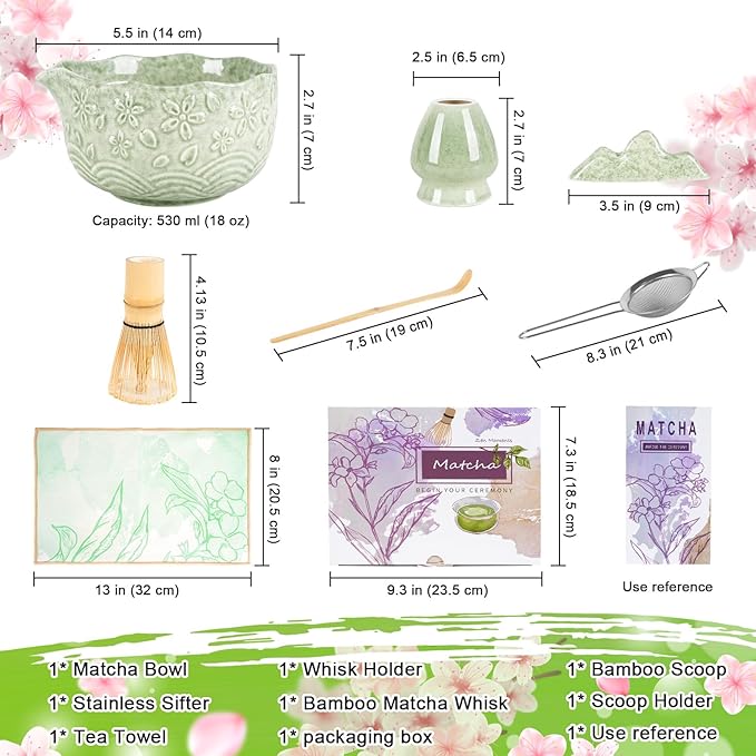 Matcha Whisk Set, Matcha Set 7 Pcs, Ceramic Matcha Bowl with Spout, Bamboo Chasen Whisk & Holder, Scoop, Sifter, Tea Towel, Ideal Gift Christmas, Birthday(Mottled Green)