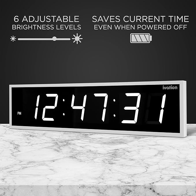Ivation Huge Oversized 60" Large Digital LED Clock | Big Digital Clock w/Multi-Function Display – Stopwatch, Timer, Alarms, Temp & Date | 6 Brightness Levels, Time Memory & Remote (White)