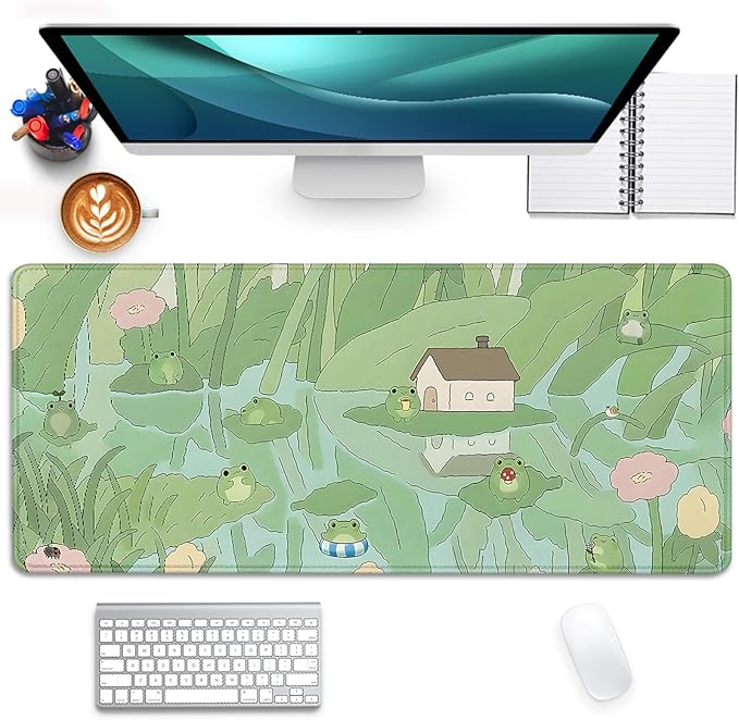 Cute Frog Desk Mat Mouse Pad,Cartoon Frog Desk Pad,Kawaii Green Desk Decor,Lotus Leaves and Flowers Desk Mat for Frog Desktop,Stitched Edges Non-Slip Rubber Base Mouse Mat for Office Home Work