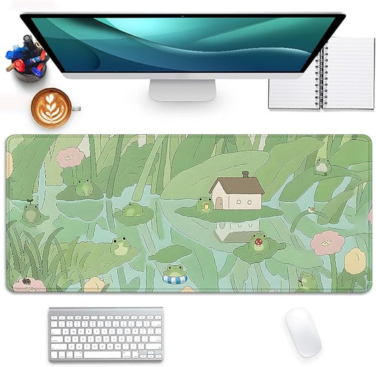 Cute Frog Desk Mat Mouse Pad,Cartoon Frog Desk Pad,Kawaii Green Desk Decor,Lotus Leaves and Flowers Desk Mat for Frog Desktop,Stitched Edges Non-Slip Rubber Base Mouse Mat for Office Home Work