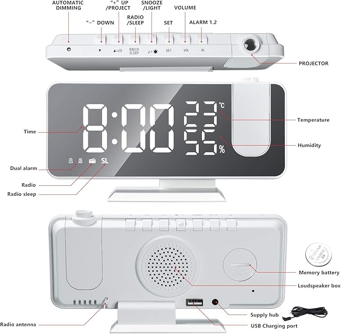Projection Alarm Clock for Bedroom Ceiling Digital Clock Radio with USB Charger Ports, 7.3" Large LED Screen, 4 Dimmer, Dual Alarm Clock with 2 Sounds, Snooze, White