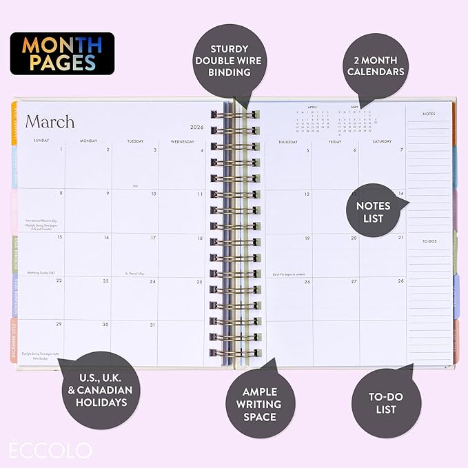 2025-2026 Eccolo Spiral Agenda Planner, Transparent Floral, Weekly & Monthly Pages, 18 Months, Sticker Sheets, Inspirational Quotes (7.75 x 8.75, July 2025 - Dec 2026)