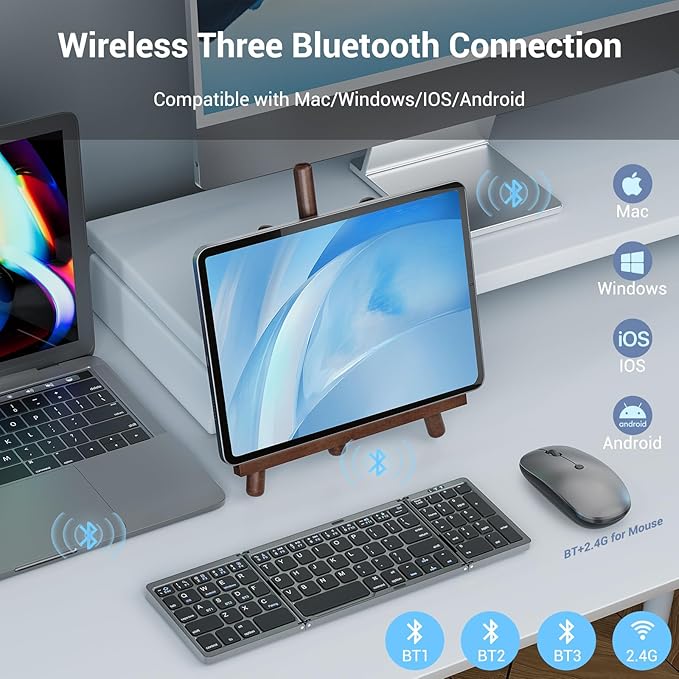 Foldable Keyboard and Mouse for Laptop, Travel Bluetooth Folding Keyboard Mouse with Portable Case, Rechargeable Keyboard for Business, 2.4G Wireless & Bluetooth, for iPad Tablets Laptop iOS Android