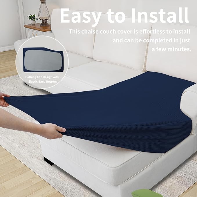 Easy-Going Stretch Sectional Couch Covers 1 Piece Chaise Lounge Slipcover L Shape Separate Cushion Couch Seat Chaise Cover for Both Left/Right Sectional Couch Navy