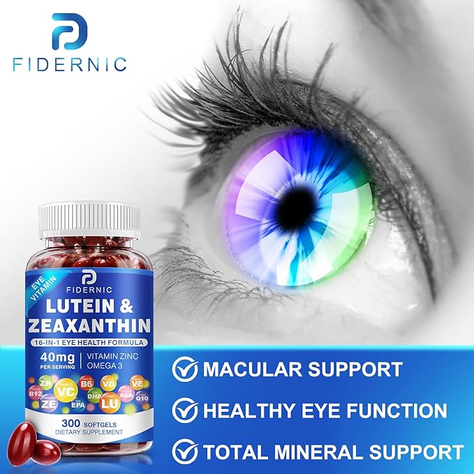 Lutein and Zeaxanthin Supplement - Eye Vitamins, 40 mg Lutein & 8 mg Zeaxanthin with Vitamins C, E, Zinc, Omega-3 & CoQ10 for Blue Light Protection, Eye Health Support, Eyebright  - 300 Softgels
