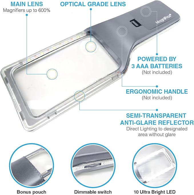 MAGNIPROS Patented 6X Large Magnifying Glass with 3 Color Light Modes | Anti-Glare Lens & Stepless Dimmable LEDs | Perfect for Reading & Inspection - Ideal for Seniors & Low Vision