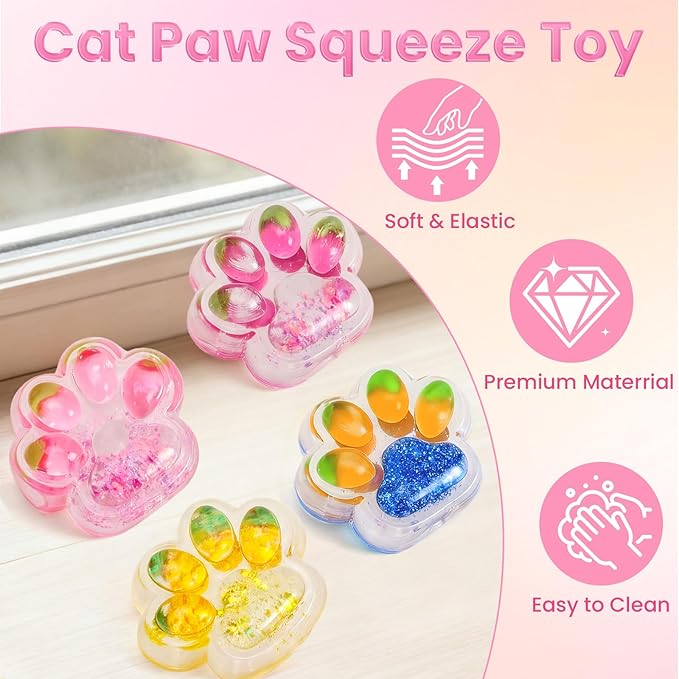 4Pcs Taba Squishy Cat Paw Toys, Colorful Sparkling Powder Cute Kawaii Sensory Fidget Stress Relief Squeeze Toys for Adults, Kids, for Desk, School （Fruit）