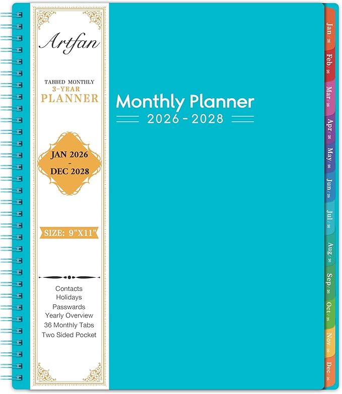 2026-2028 Monthly Planner/Calendar - 3 Year Monthly Planner 2026-2028, Jan.2026 - Dec.2028, 9" x 11", 36-Month Calendar + Colorful Tabs + Pocket - Teal