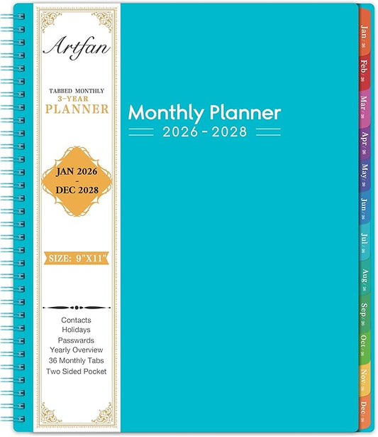2026-2028 Monthly Planner/Calendar - 3 Year Monthly Planner 2026-2028, Jan.2026 - Dec.2028, 9" x 11", 36-Month Calendar + Colorful Tabs + Pocket - Teal