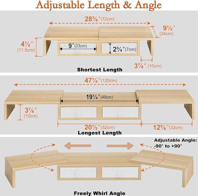 TEAMIX Dual Monitor Stand Riser - Length and Angle Adjustable White Monitor Stand with 2 Drawers to Storage Large Computer Riser for 2 Monitors/Laptop/PC, Wood Screen/TV Stand Desk Organizer (Maple)