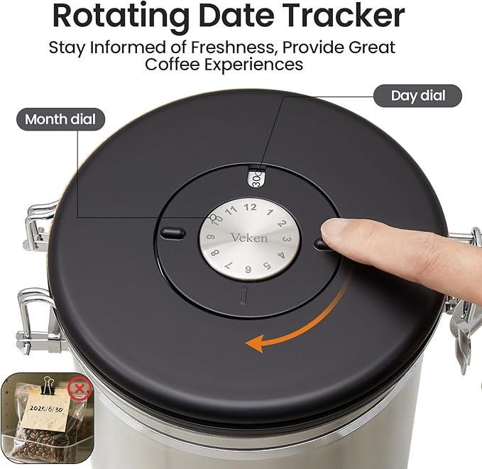 Veken Coffee Canister, 39OZ Large, Airtight Stainless Steel Food Storage Container for 2.2lbs Coffee Beans, Ground, Sugar, Tea, Flour, Cereal, Kitchen Bar Accessories with Date Tracker & Scoop, Silver